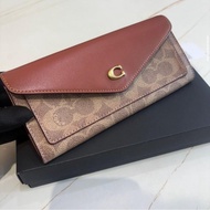 *SHIHNA名牌精品COACH 金屬C滿版防刮拚皮革翻釦長夾 -卡其x棕