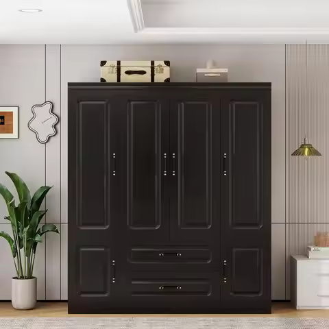 4 Door Wood Wardrobe Armoire with 2 Drawers & 2 Hanging Rods Bedroom Storage Cabinet 61.42x20.67x70.