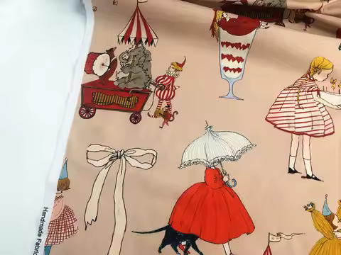 Khaki cartoon style girl circus100% Cotton Fabric Brand New Printed Sewing Cloth Dress Clothing Text