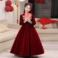 Chinese Children's Dress Princess Dress Red Velvet Host Piano Performance Costume New Year Dress ES5