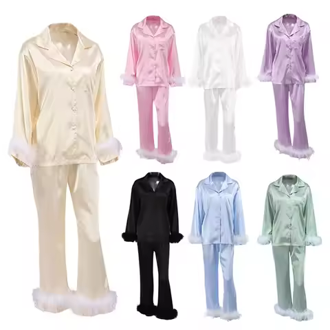 Women Spring Fall Soft Pajamas Sets Fur Feather Trim Long Sleeve Button Satin Silk Shirts Pants Loun