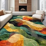 Flatwoven High Traffic Area Rug 6x9, Abstract Colorful Gold Black Green Orange Wave, Non Slip, Stain