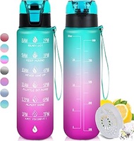 ZOMAKE 32oz Motivational Water Bottle with Times to Drink,Time Marker &amp; Removable Strainer,Fast Flow,Leakproof Tritan BPA Free Non-Toxic Water Jug for Fitness,Gym(Green/Pink Purple Gradient 2.0)
