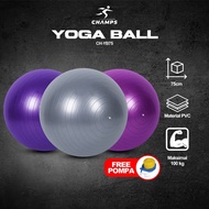 Champs Gymball/Yoga Ball Fitness+Free Pump - 75cm Premium PVC Anti Slip Gym Ball Pilates Gym Balance Exercise