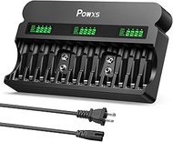 POWXS 12-Bay Smart Battery Charger for AA AAA 9V Ni-MH/Ni-CD/Li-ion, 1800mA Fast Charging, LCD Displ