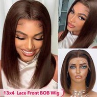 13x4 Transparent Lace Front Straight Bob Wig 100% Human Hair 180% Density Chocolate Brown 4# Pre Plu