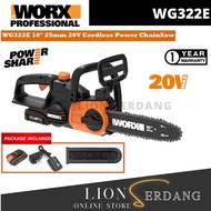 WORX WG322E 20V 2.0Ah Li-Ion 25cm 10" Cordless Compact Chain Saw with Patented Auto Tension and Powe