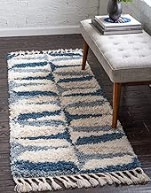 Unique Loom Hygge Shag Collection Abstract Geometric Plush Cozy Runner Rug, 2' 7 x 8' 2, Blue/Ivory