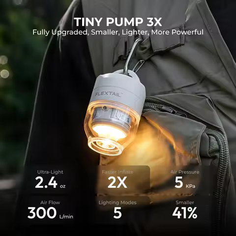FLEXTAIL TINY PUMP 3X - 5kPa Ultra-Light Portable Air Pump, 5-Mode Camping Light, Multi-Use for Camp