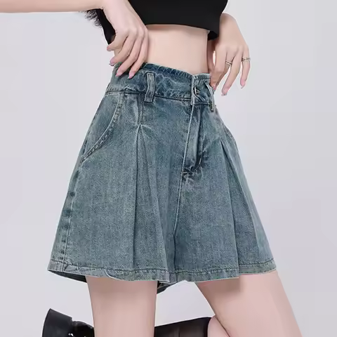 Korean Casual High Waisted Pleated Denim Shorts For Women Spring Summer Baggy Jeans Shorts Y2k A-Lin