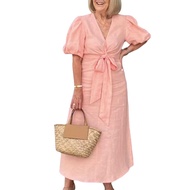 Summer Maxi Dress V Neck Lace-up Waist Bubble Sleeves Solid Color Loose Long Dress for Daily Life Da