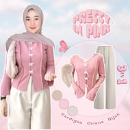 Korean style cardigan one set (Ribbon Blouse + Ivory pants + Hijab + aesthetic bag) AM180N