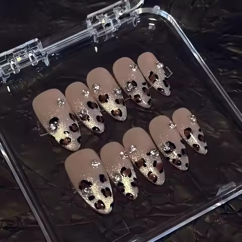 10pcs high-end Leopard print and cat eyes flashing handmade fake nails, Leopard print Hottie medium 