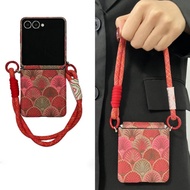 Korean Red Shell Pattern Phone Case with Portable Strap for Samsung Galaxy Z Flip 7 Z Flip6 ZFlip 5 