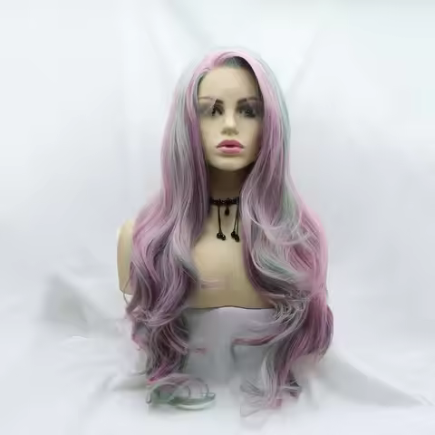 Purple/Green Wigs Mixed Color Wigs Synthetic HightLight Wigs Lace Front Wigs Heat Resistant Fiber Ha