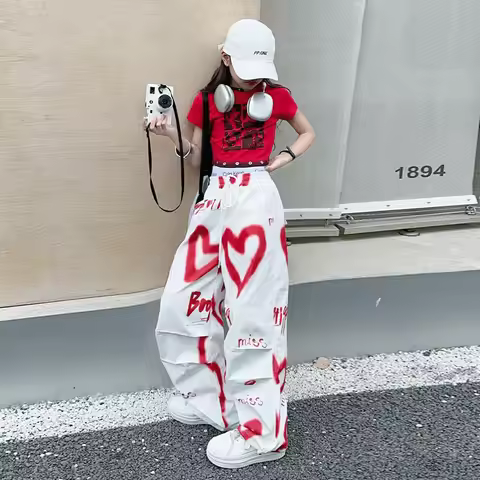 2026 summer spring teens tracksuit Girls cloth heart graffiti 1pc t-shirt top or long wide leg pant 