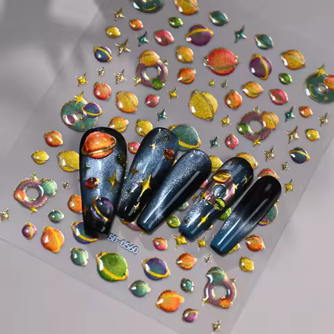 1pcs 5D Jelly Soft Planets Nail Stickers Glitter Cat Eye Star Universe Nail Decals 8*10cm Self Adhes