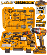 INGCO ชุดสว่านกระแทก 20V. 66nm. + ชุดเครื่องมือช่าง 165 ชิ้น รุ่น HKTHP11651 ชุดสว่านกระแทก+ ชุดเครื