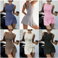 (FIRE)2-PIECE WOMEN'S SPORTS DRESS, SLEEVED TIE-UP DRESS, U-WAIST PANTS