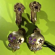 出清大降價-Anna Sui全新限量正品紫色水鑽骷髏頭/花朵夾式雙耳環耳環組安娜蘇