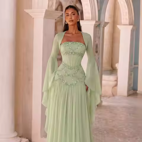 Sharon Said Elegant Sage Green Cape Sleeve Evening Dress Chiffon Tiered Sequined Pearl Formal Party