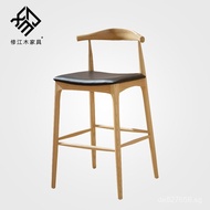 Ox Horn Chair High Stool Hotel Modern Minimalist Coffee Shop and Milk Tea Shop Backrest Solid Wood B