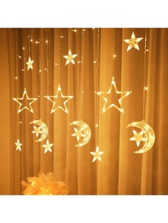 3.5米暖白月亮和星星窗簾燈,電池供電,適用於臥室裝飾、星空主題、家居裝飾、夜燈