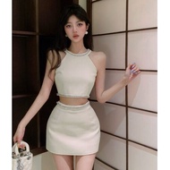 CHANGTONG | Bộ váy hai mảnh cao cấp có đính kim cương Áo vest ngắn và chân váy ngắn thời trang mùa h