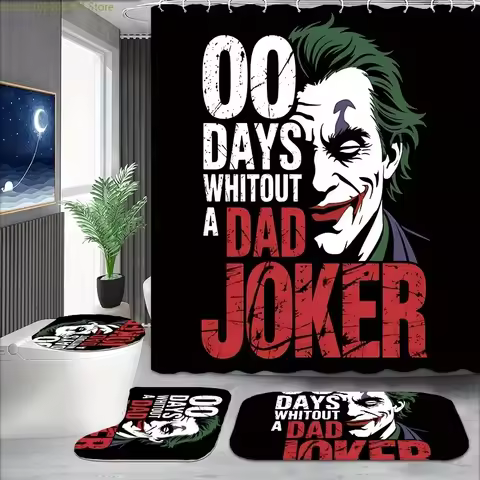 Warner Bros. 4pcs Joker & Harley Quinn Shower Curtain Set with 12 Hooks, Non-Slip Bath Mat, Toilet L