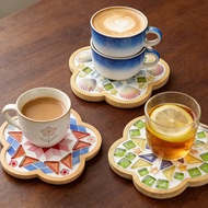RI 1 Set DIY Mosaic Tile Coaster Set Mixed Color Mosaic Kit with Wooden Coaster Kids Adults Handmade