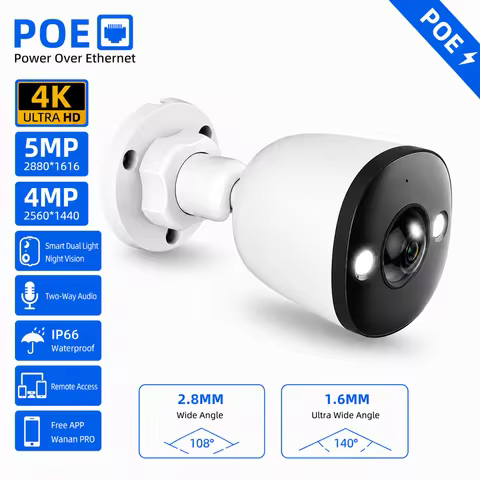 4K POE Security Camera Ultra-Wide-Angle 1.6MM/2.8MM ONVIF IP66 Outdoor CCTV Camera Dual Light Night 