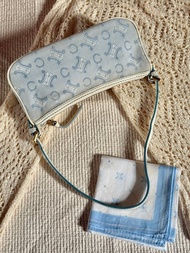 復古 CELINE Triomphe Macadam 標誌緹花帆布包 嬰兒藍小手拿包