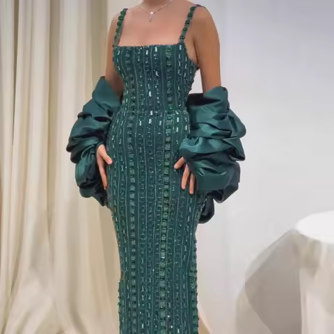 SERENE HILL 2026 Emerald Green Luxury Beaded Kosovo Style Evening Dress Detachable Sleeve Formal Par