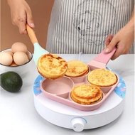 ▦NEW PINK 4 Hole Omelet Pan Induction Cooker Cooking Tool for Breakfast Non-stick Ham Wooden Handle