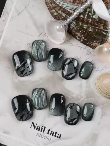 10Pcs Press on Nails Fake Nails Short Black School of Fish Blue Cat's Eye Includes 1 Sheet of Adhesi