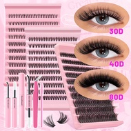 200pcs Cluster Lash Extension Set | Natural D Curl Fluffy Waterproof False Eyelash w/ Glue & Tweezer