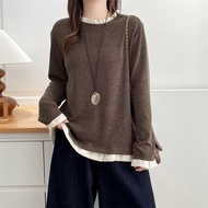 Plus Size XL-4XL Women's Long Sleeve Knitted Patchwork Shirt - Grey Tone