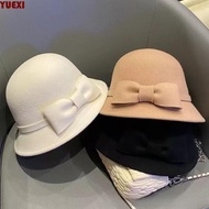YUEXI Bow Topper Hat, Solid Color French Style Women Fisherman Hat, Simple Keep Warm Black Flat-top 