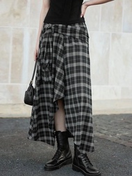 แฟชั่นสีดําและสีขาวลายสก๊อตไม่สมมาตรกระโปรงผู้หญิงฤดูใบไม้ผลิใหม่มาถึง Vichy Checkered กระโปรงครึ่งค
