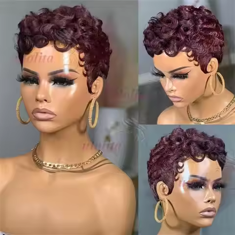 Water Wave Dark 99J Burgundy Glueless Full Machine Made Human Hair Wigs Pixie Bob Cut Wigs For Black