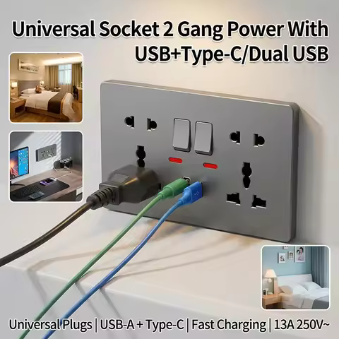 Universal Wall Socket with USB-C USB Charger & Switches- 2 Gang Power Outlet With LED, Flush Mount, 