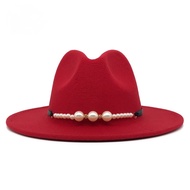 Felt Hat with Pearl Ornaments for Women Fashionable Fedora Hat Red Hat