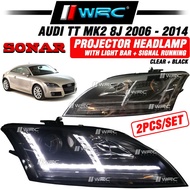 Sonar Audi TT MK2 8J 2006 - 2014 Projector Headlamp With Light Bar + SIgnal Running ( Clear + Black 