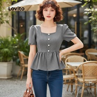 Lovito Chic Women's Blouse Button Detail Ruffle Hem Soft Texture Black Spring/Summer L137ED655