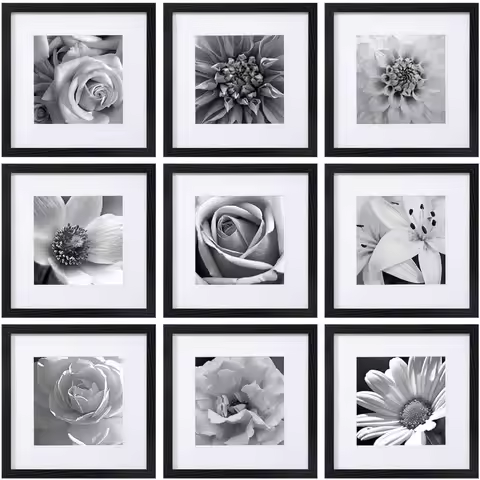 Set of Nine 12x12 Black Square Picture Frames for 8x8 Photos with Mat or 12x12 Without Acrylic Cover