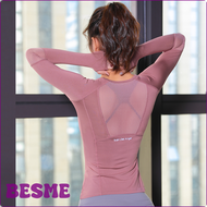 BESME ชุดกีฬาสำหรับผู้หญิง,เสื้อออกกำลังกายแขนยาวไร้รอยต่อสำหรับใส่ไปยิมวิ่งวิ่งวิ่งออกกำลังกายเสื้อ