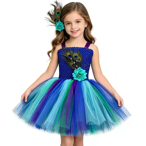 Girls Peacock Princess Tutu Dress Blue Flower Feathers Peacock Costume Ball Gown Toddler Kids Hallow