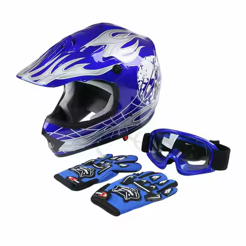 Dot Youth Kids Blue Dirt Bike Helmet Motocross Quards ATV Helmet Goggles+Gloves capacete moto Boys G