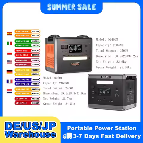 SOLARPLAY Q2501 Q2402M Portable Power Station 2160WH 2304WH LiFePO4 Battery with 2400W/2500W (4800W 