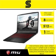 MSI gaming laptop (2022) KATANA GF66 12UC-270MY Black (i7-12700H/15.6" 144Hz/8GB RAM/512GB SSD/RTX3050/Win 11)